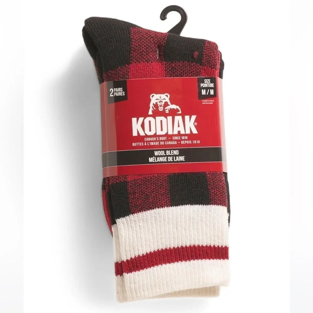 KODIAK Thermal Black White Red M US W 4-10 Buffalo Plaid Wool Boot Socks 2 Pack